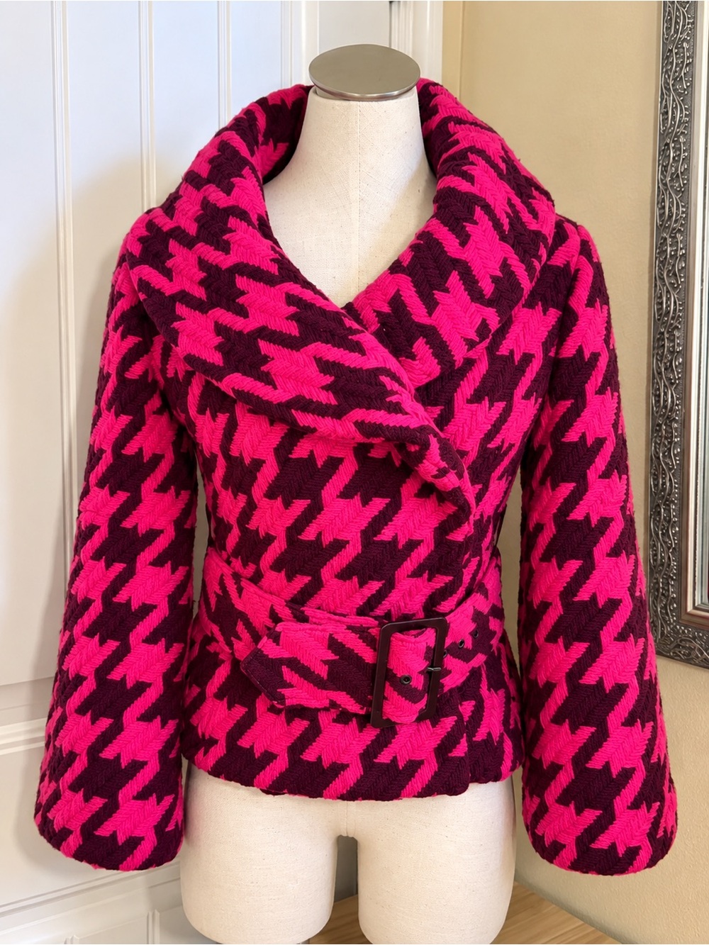 Y2K Arden B Pink Burgundy Houndstooth Wool Blend Jacket M Belted Retro 60s